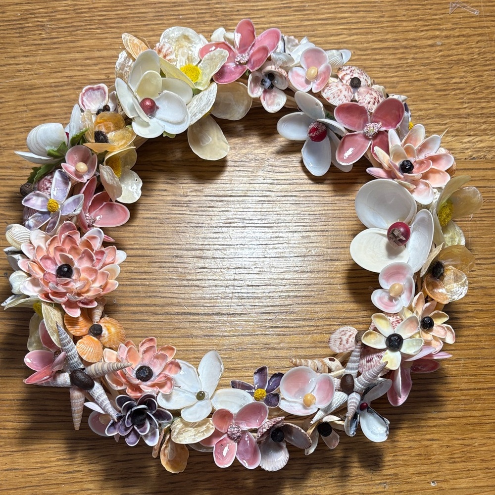 Handcrafted Floral Shell Wreath - Pink and White